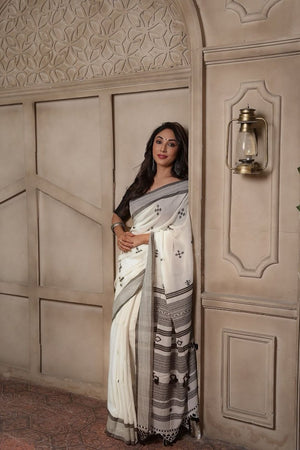 Off White Printed Cotton Saree (ACB1436)