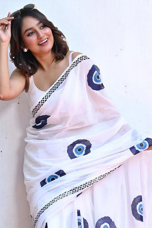 White Printed Cotton Saree (ACB1437)