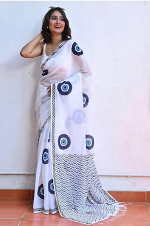 White Printed Cotton Saree (ACB1437)