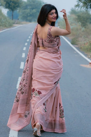 Pink Printed Cotton Saree (ACB1438)