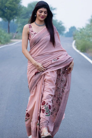 Pink Printed Cotton Saree (ACB1438)