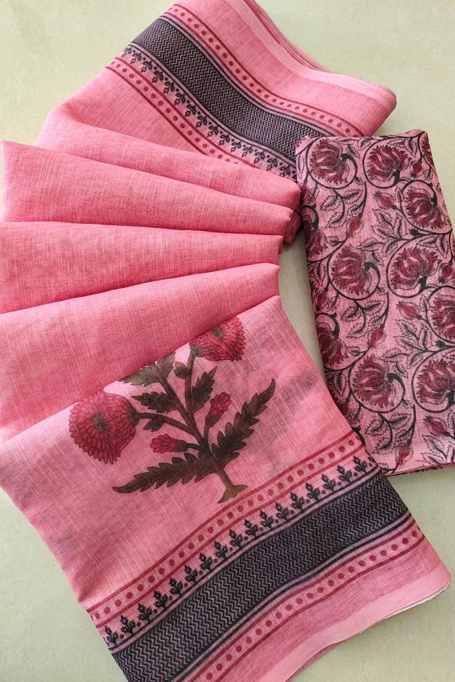 Pink Printed Cotton Saree (ACB1438)