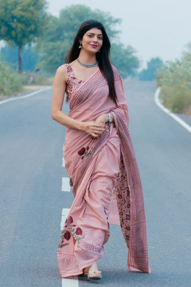 Pink Printed Cotton Saree (ACB1438)