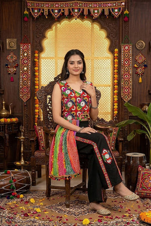 Black Embroidered with Mirror Work Chinon Co-Ord Set (ACB1441)