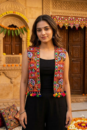 Multi Color Embroidered with Mirror Work Cotton Jacket And Shrug (ACB1442)