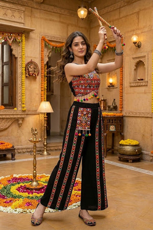 Black Embroidered with Mirror Work Cotton Blend Co-Ord Set (ACB1444)