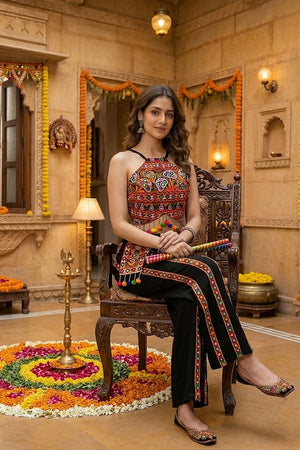 Black Embroidered with Mirror Work Cotton Blend Co-Ord Set (ACB1444)