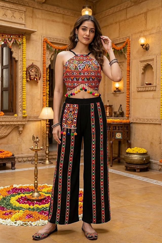 Black Embroidered with Mirror Work Cotton Blend Co-Ord Set (ACB1444)