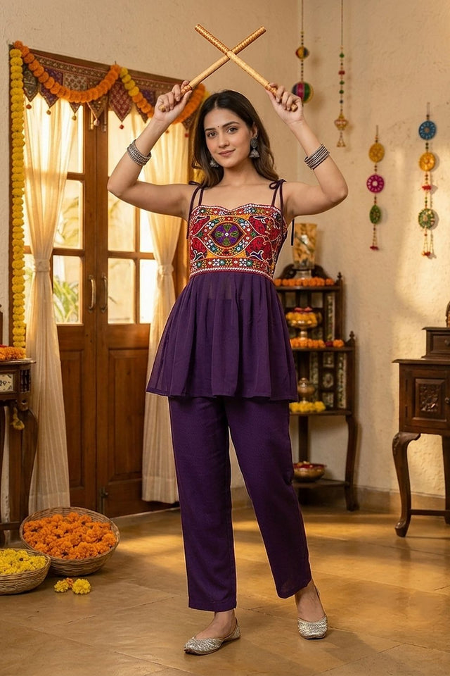 Purple Embroidered with Mirror Work Georgette Top (ACB1446)
