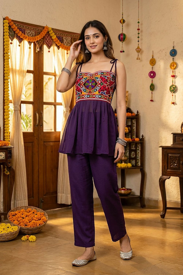 Purple Embroidered with Mirror Work Georgette Top (ACB1446)