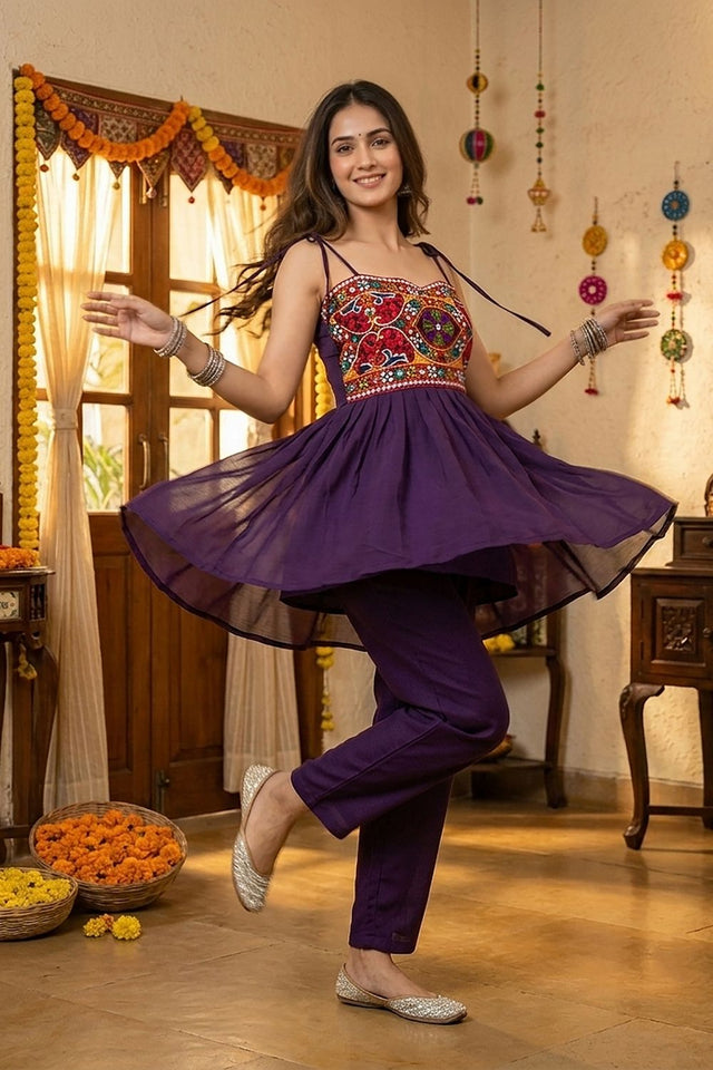 Purple Embroidered with Mirror Work Georgette Top (ACB1446)