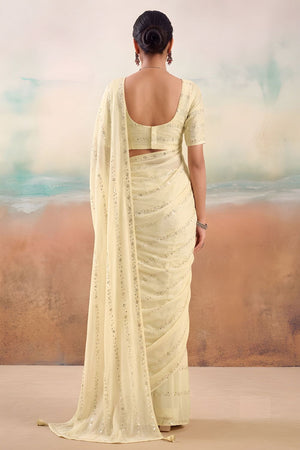 Cream Embroidered Chiffon Saree (ACB1447)