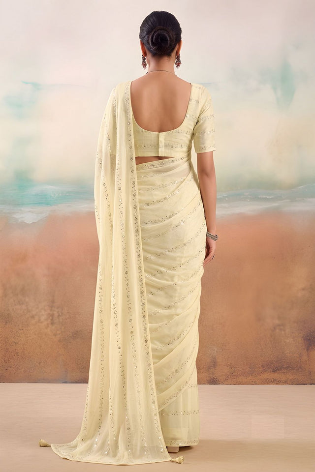Cream Embroidered Chiffon Saree (ACB1447)