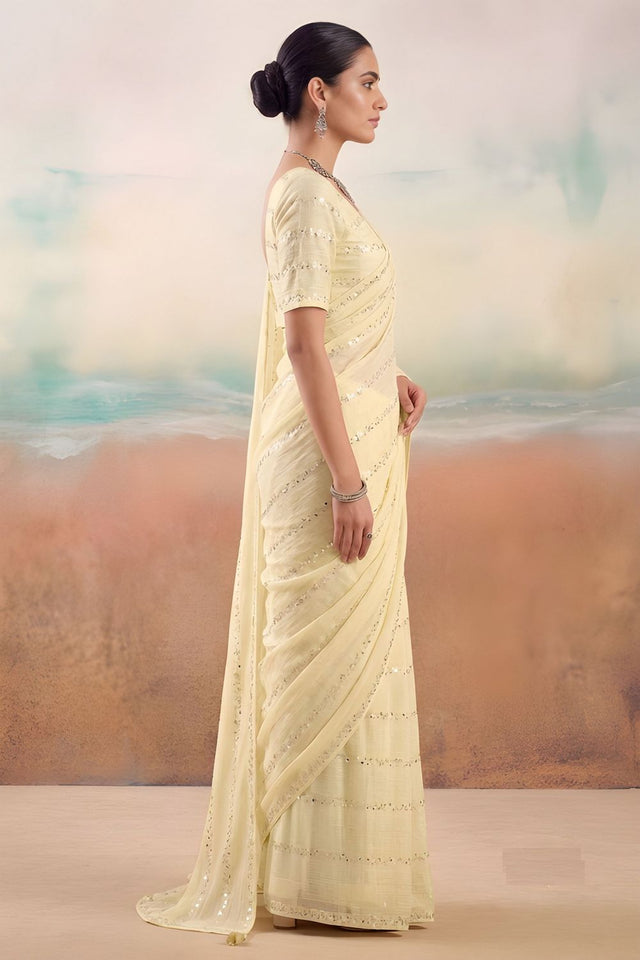 Cream Embroidered Chiffon Saree (ACB1447)