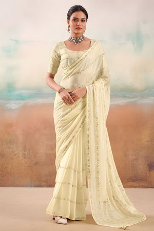 Cream Embroidered Chiffon Saree (ACB1447)