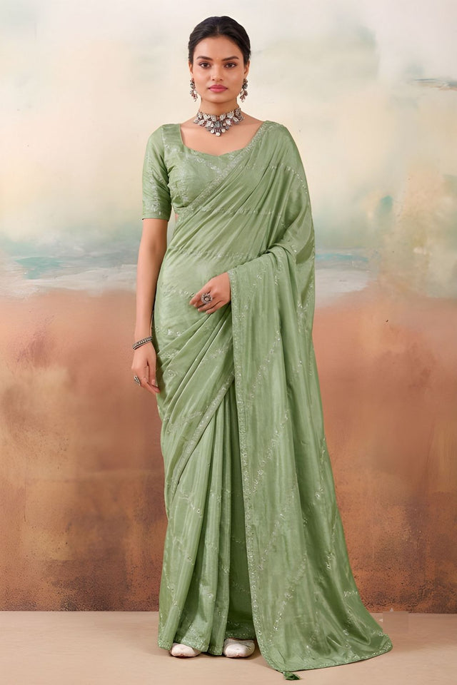 Green Embroidered Chiffon Saree (ACB1449)