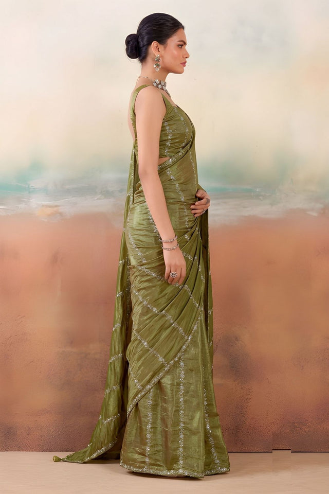 Mehendi Floral Embroidered Chiffon Saree (ACB1451)