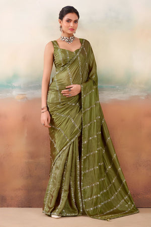 Mehendi Floral Embroidered Chiffon Saree (ACB1451)