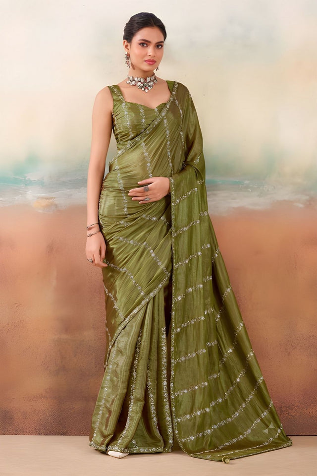 Mehendi Floral Embroidered Chiffon Saree (ACB1451)