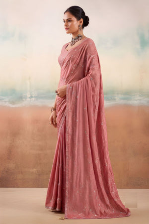Peach Floral Embroidered Chiffon Saree (ACB1452)