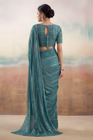 Turquoise Floral Embroidered Chiffon Saree (ACB1453)
