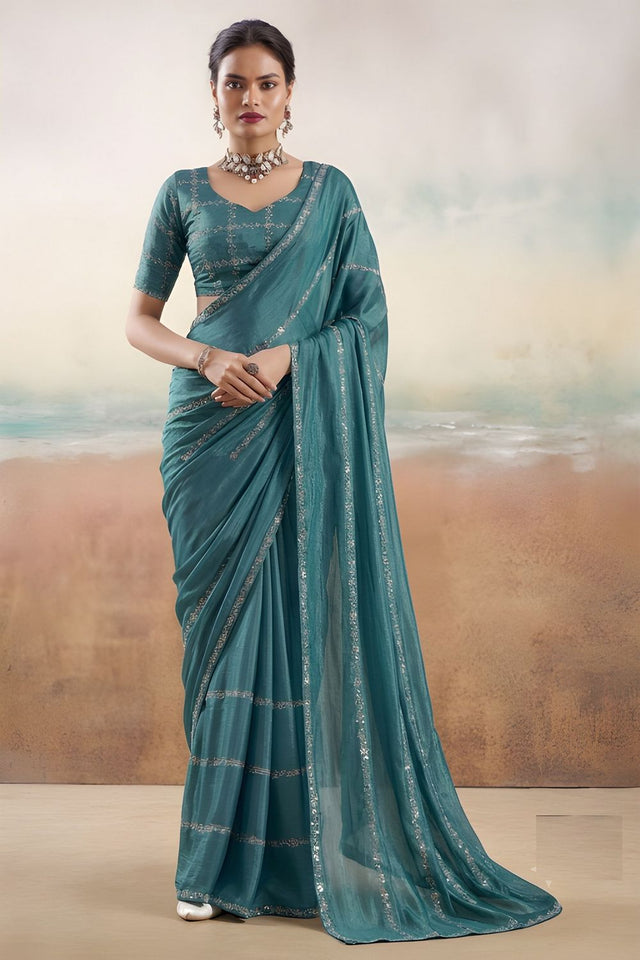 Turquoise Floral Embroidered Chiffon Saree (ACB1453)