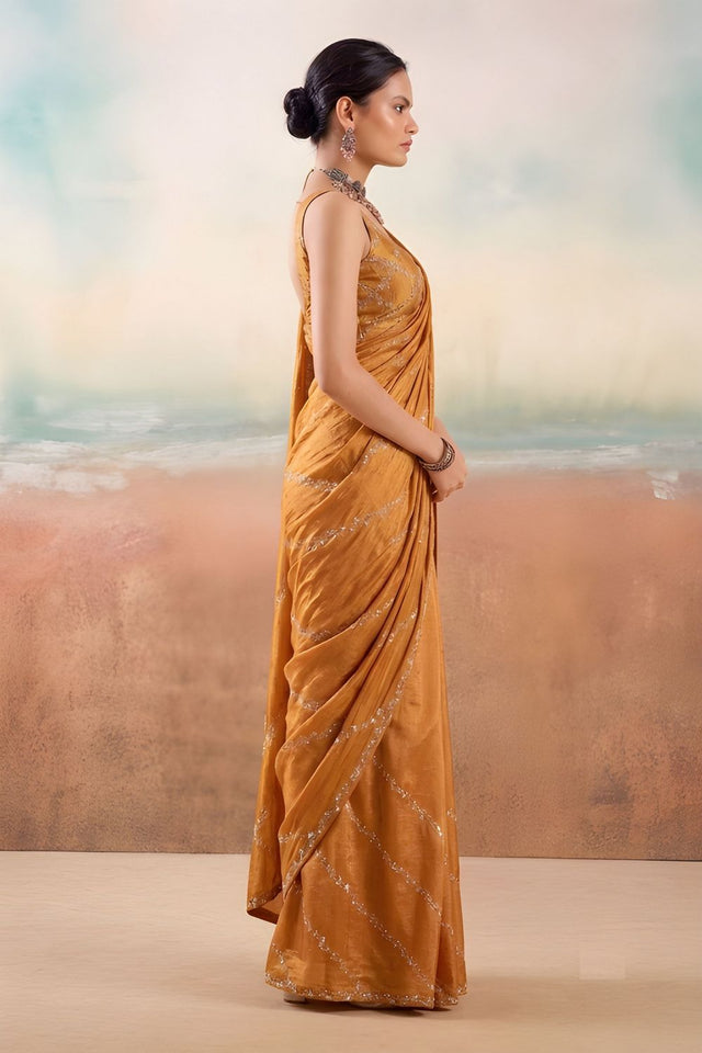 Rust Floral Embroidered Chiffon Saree (ACB1454)