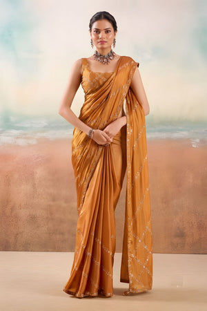Rust Floral Embroidered Chiffon Saree (ACB1454)