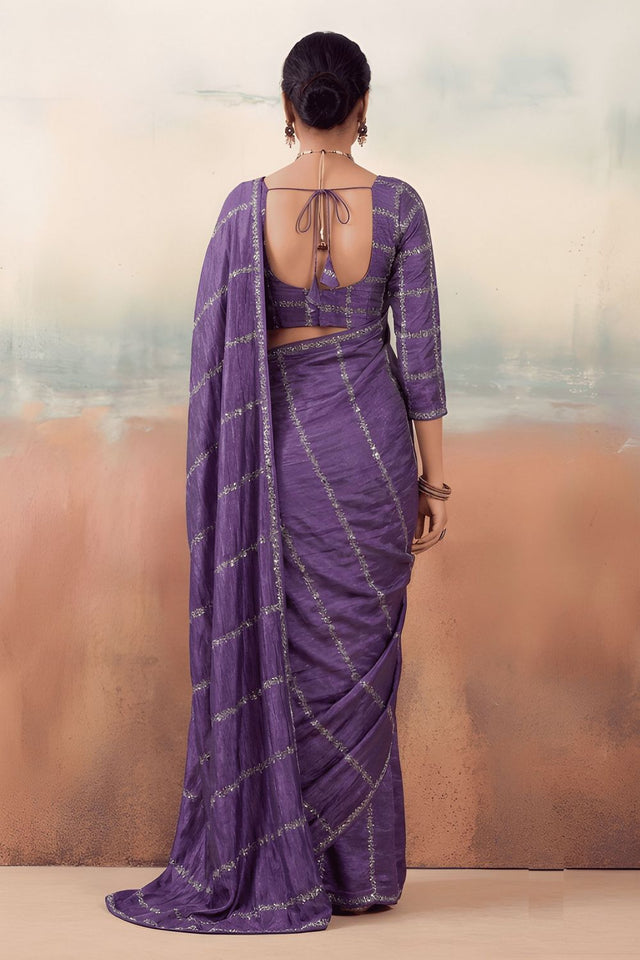 Violet Floral Embroidered Chiffon Saree (ACB1455)