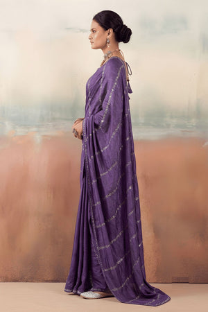 Violet Floral Embroidered Chiffon Saree (ACB1455)