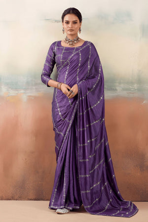 Violet Floral Embroidered Chiffon Saree (ACB1455)