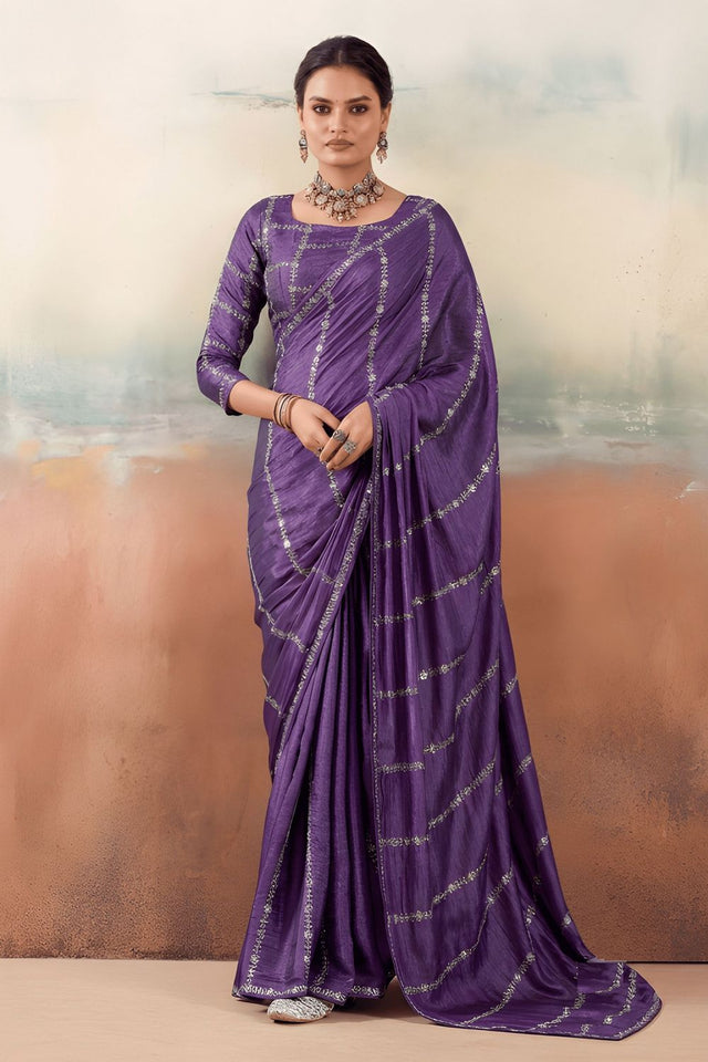 Violet Floral Embroidered Chiffon Saree (ACB1455)