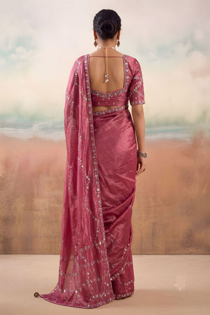 Wine Floral Embroidered Chiffon Saree (ACB1456)