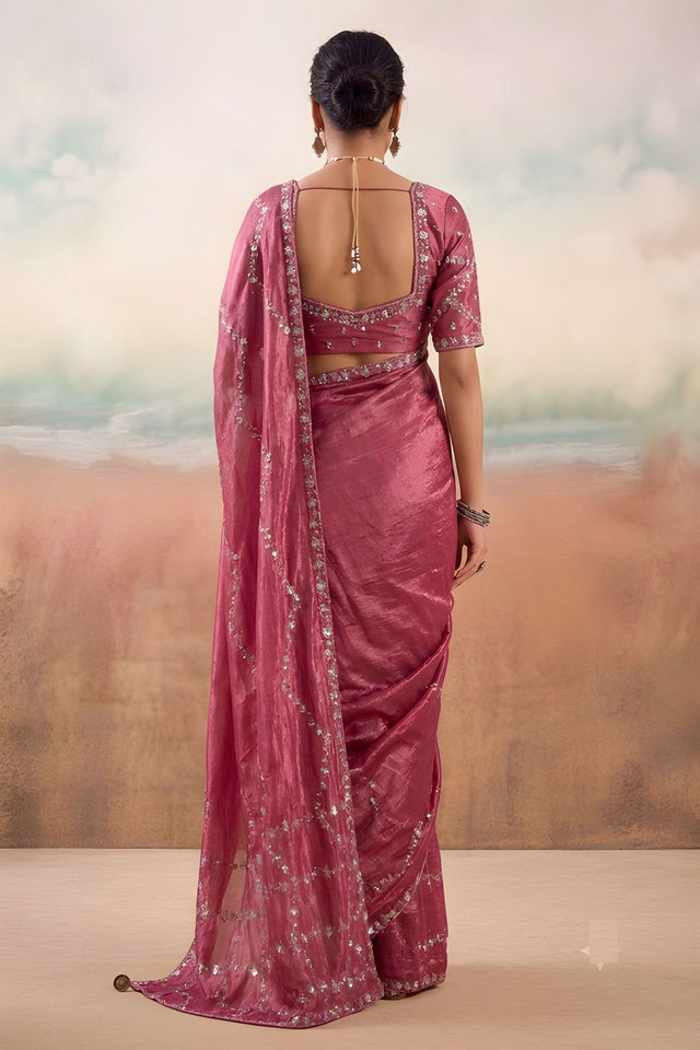 Wine Floral Embroidered Chiffon Saree (ACB1456)