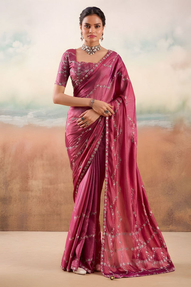 Wine Floral Embroidered Chiffon Saree (ACB1456)