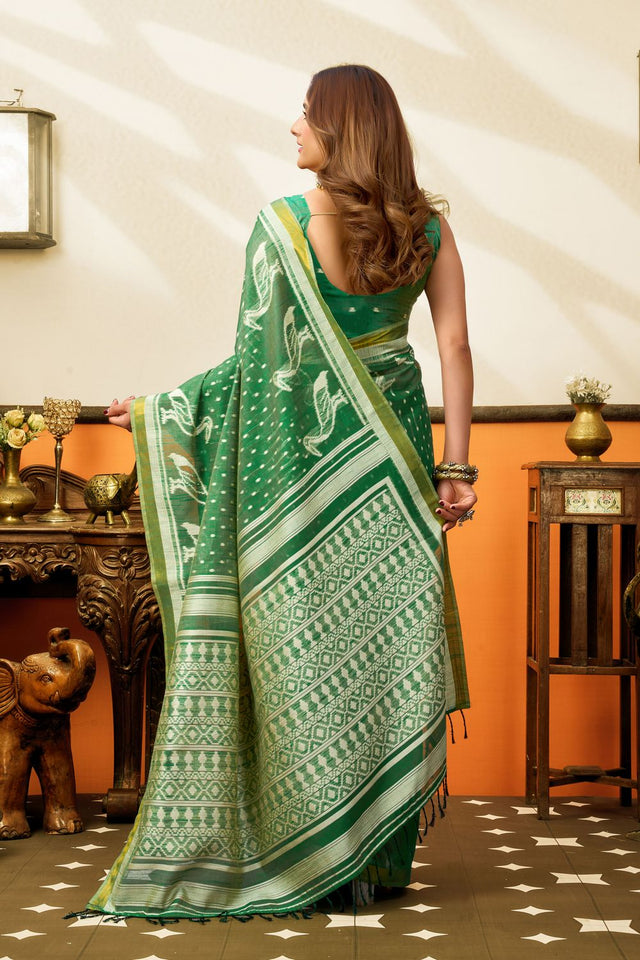 Green Woven Cotton Saree (ACB1458)