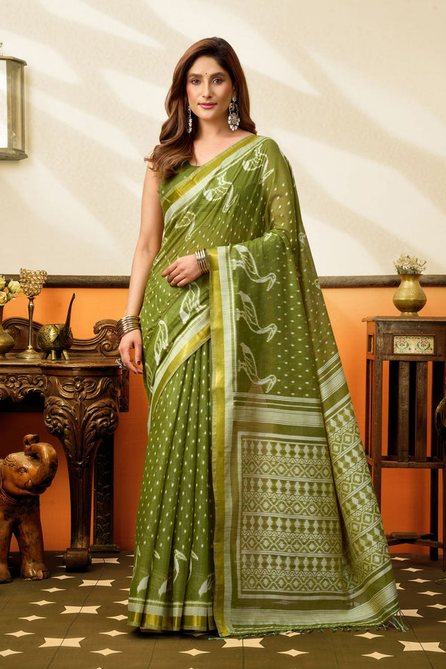 Mehendi Woven Cotton Saree (ACB1461)