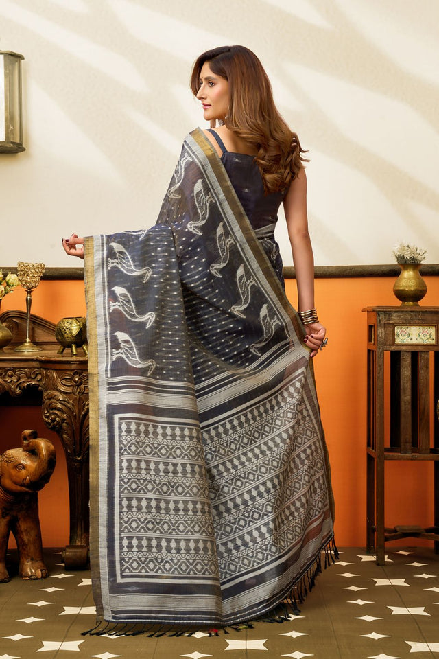 Grey Woven Cotton Saree (ACB1462)