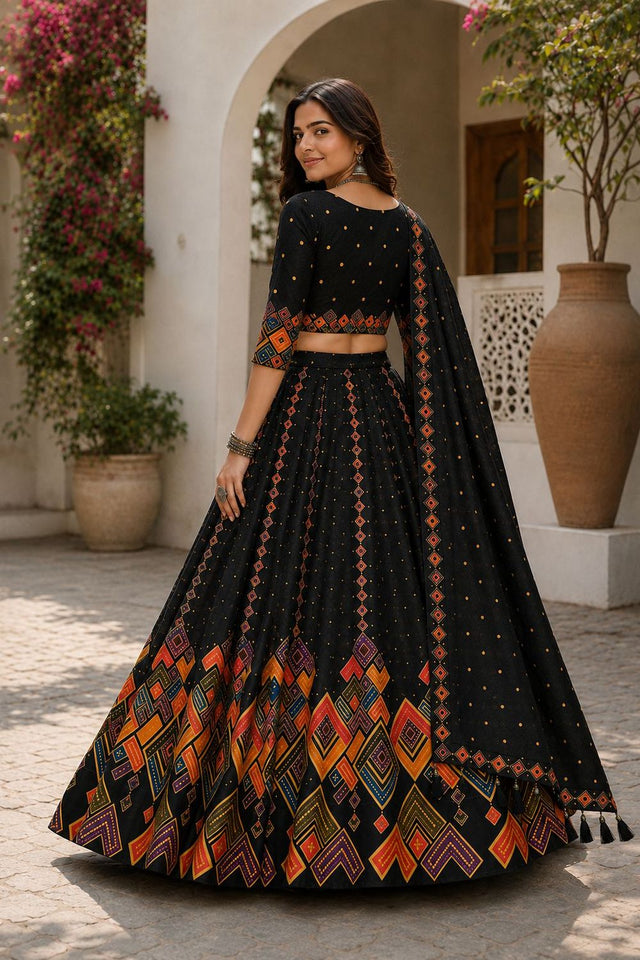 Black Printed Cotton Blend Lehenga (ACB1463)