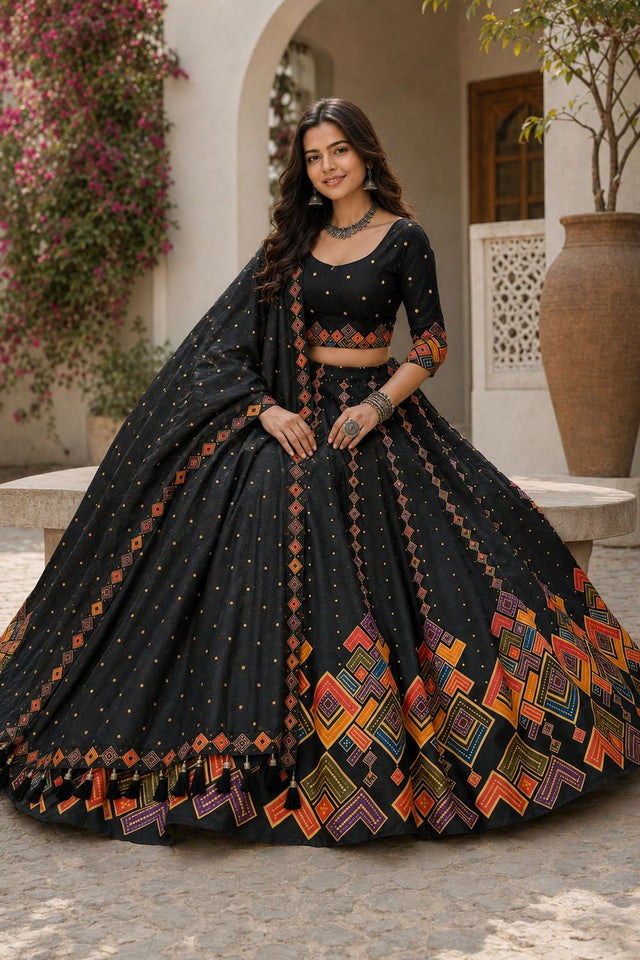 Black Printed Cotton Blend Lehenga (ACB1463)