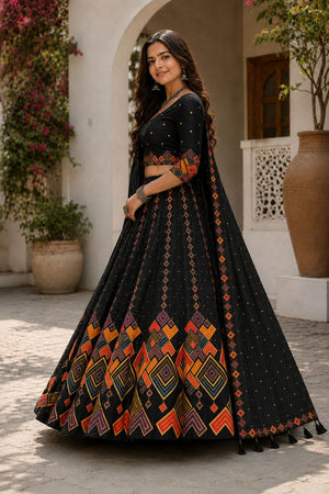 Black Printed Cotton Blend Lehenga (ACB1463)