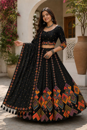 Black Printed Cotton Blend Lehenga (ACB1463)