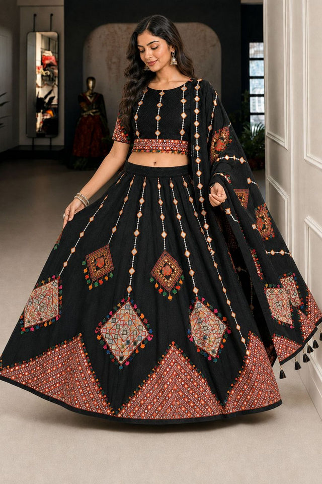 Black Printed Cotton Blend Lehenga (ACB1464)