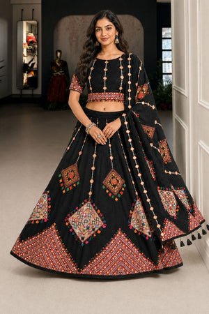 Black Printed Cotton Blend Lehenga (ACB1464)