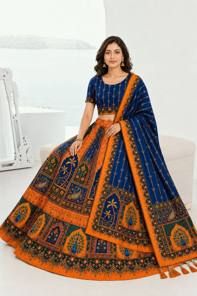 Blue Printed Cotton Blend Lehenga (ACB1465)