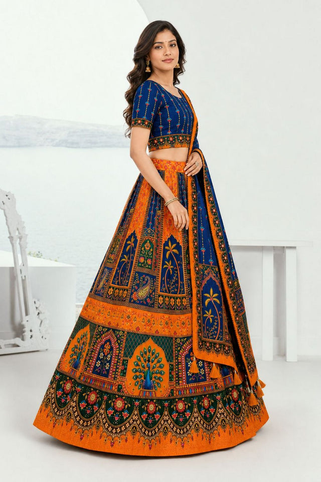 Blue Printed Cotton Blend Lehenga (ACB1465)