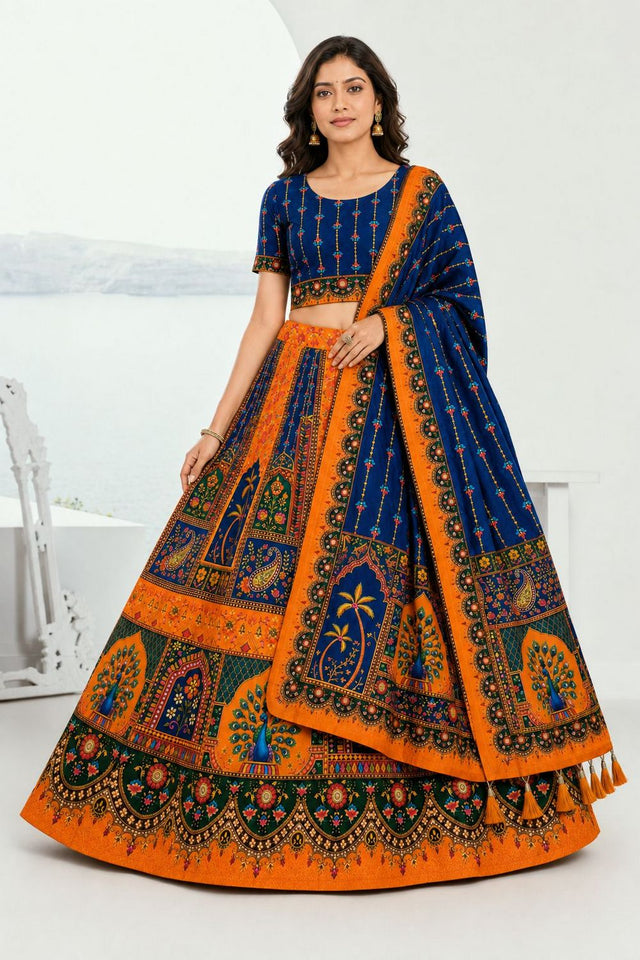 Blue Printed Cotton Blend Lehenga (ACB1465)