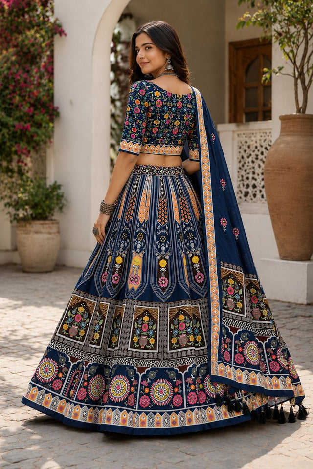 Blue Printed Cotton Blend Lehenga (ACB1468)