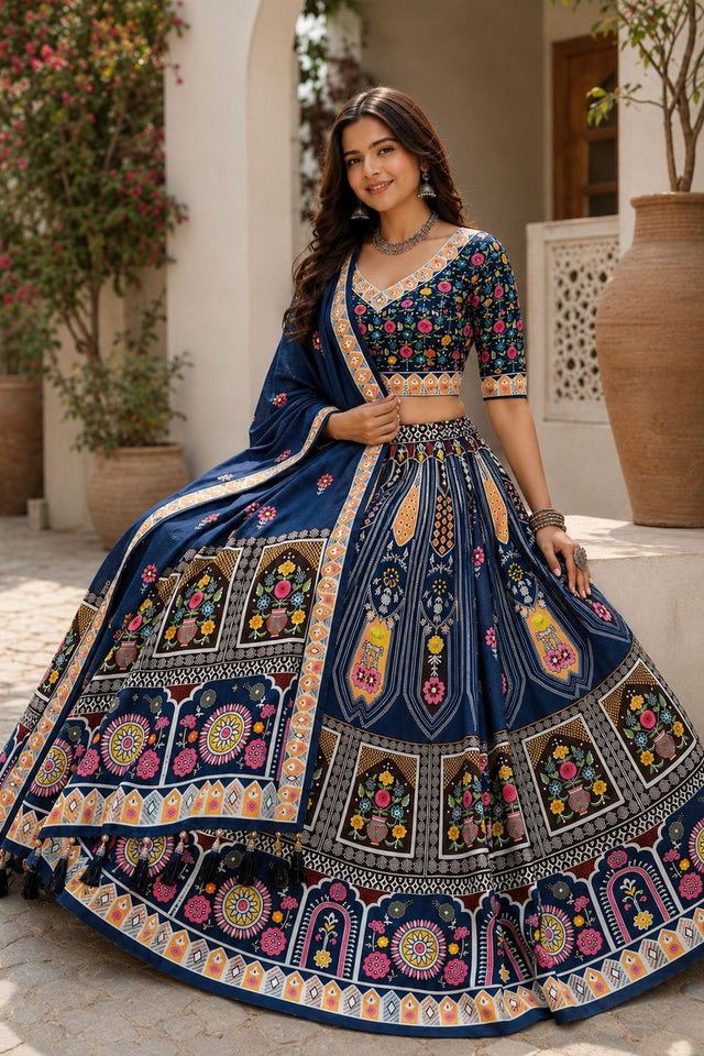 Blue Printed Cotton Blend Lehenga (ACB1468)