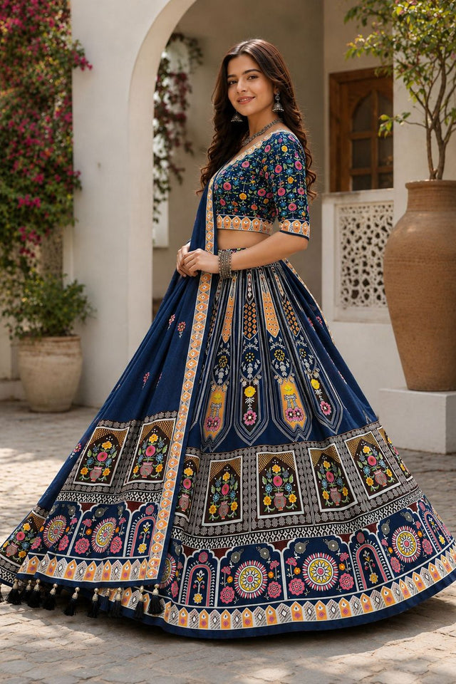 Blue Printed Cotton Blend Lehenga (ACB1468)